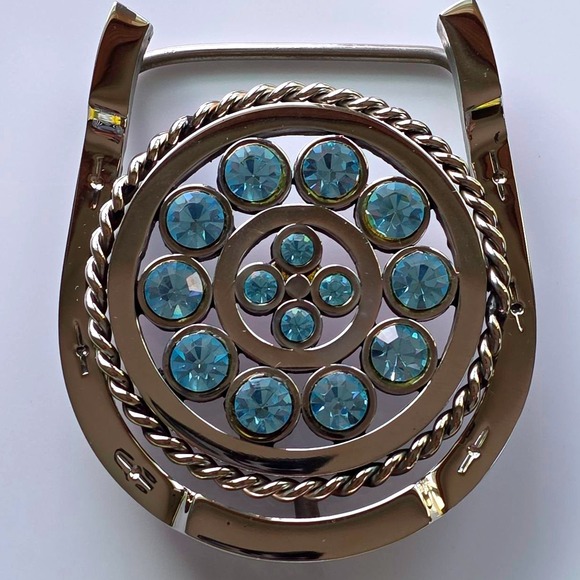Silver Horseshoe Belt Buckle Blue Rhinestone Western - Picture 1 of 4